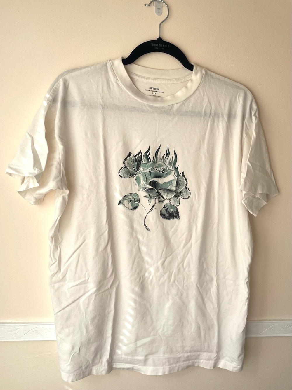 Cotton On White Tee with Green Floral Flame Graphic